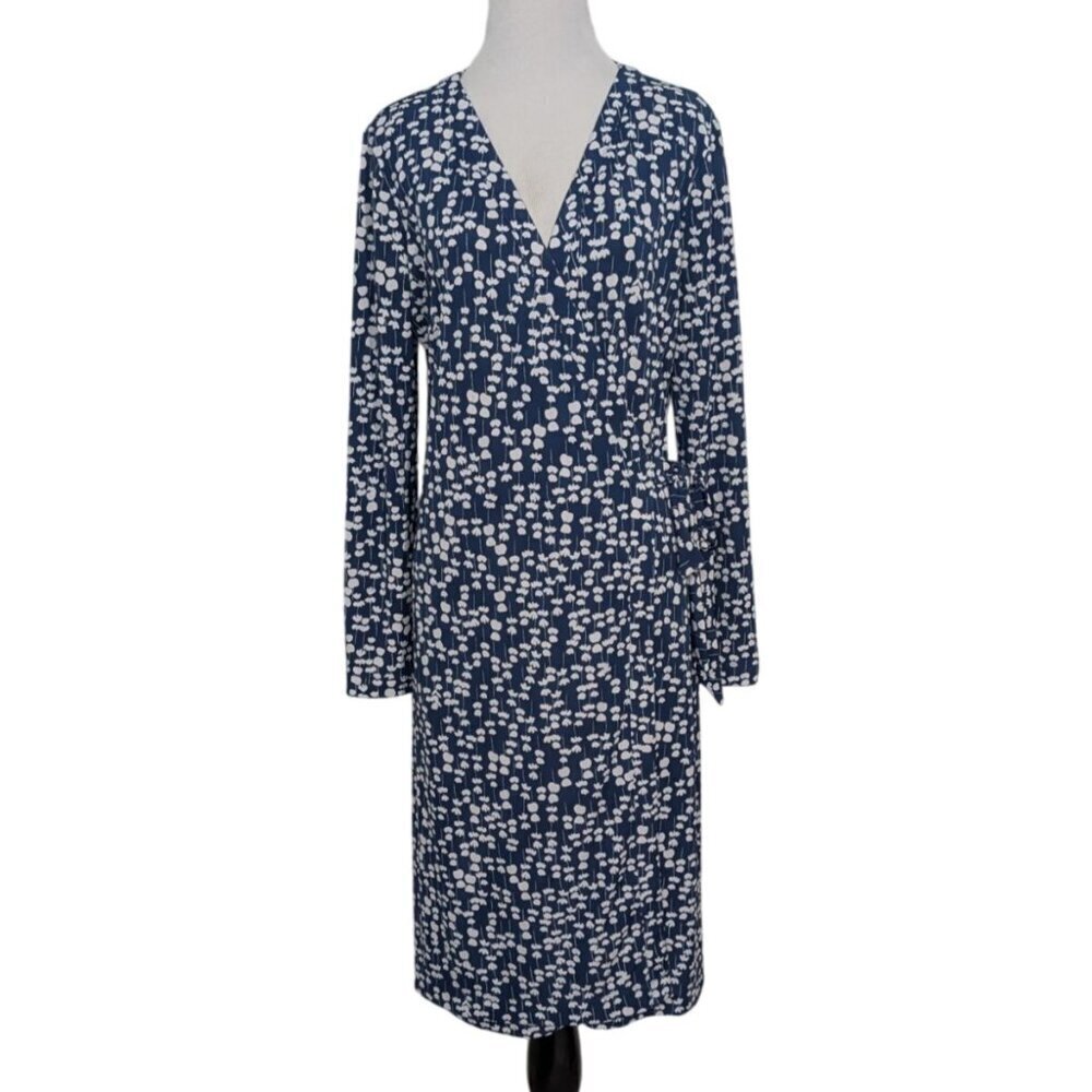 Lark & Ro Floral Wrap Dress Womens Size Large Blue Stretch Long Sleeve A Line